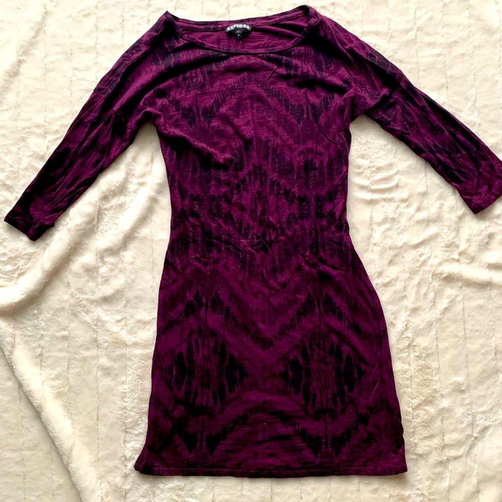 Express Ikat Plum 3/4 Sleeve Slub Dress Size Small